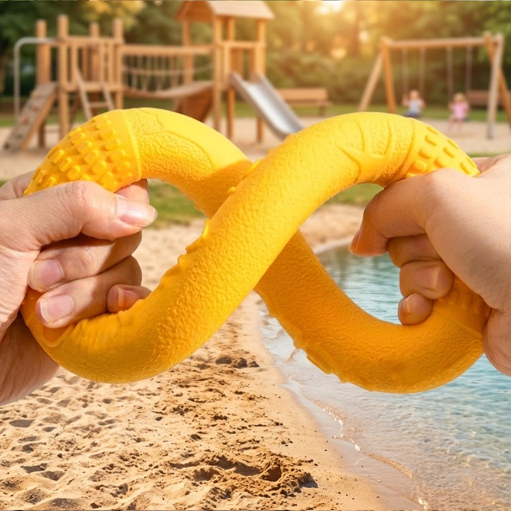 Anneau à lancer jaune en mousse EVA plié entre deux mains pour montrer sa souplesse