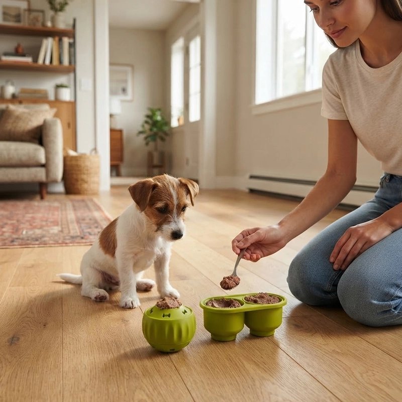 Femme qui garnit la balle verte pour un jeune Jack Russell assis sur le parquet