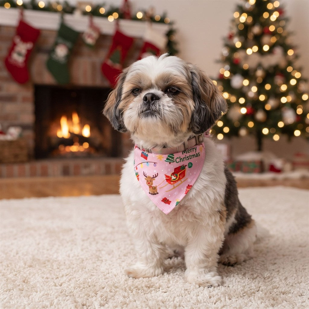 Shih Tzu près de la cheminée portant le bandana de Noël rose à motif renne et traîneau