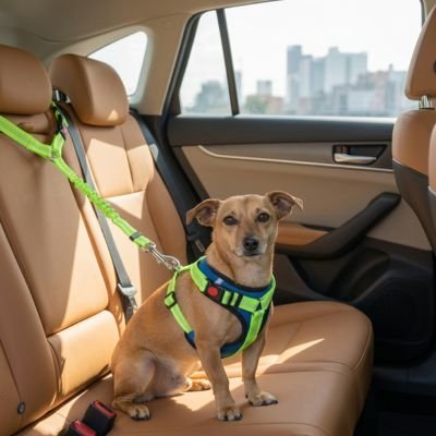 Petit chien assis sur un siège beige, attaché avec la ceinture verte