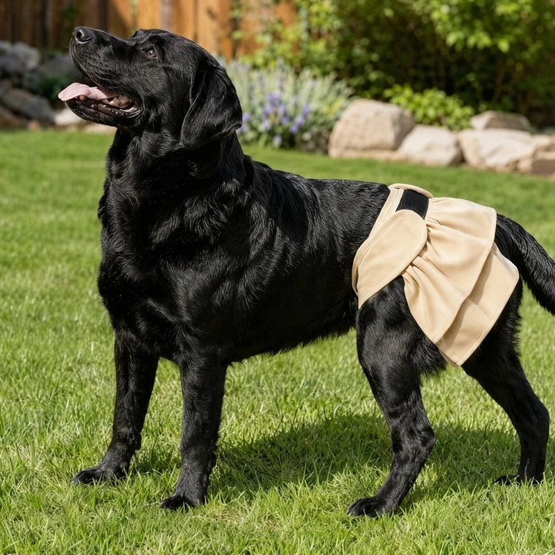 Labrador noir portant la culotte hygiénique beige dans le jardin