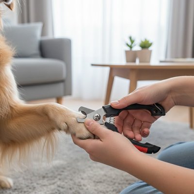 Patte de chien tenue délicatement pendant la coupe d'une griffe dans un salon