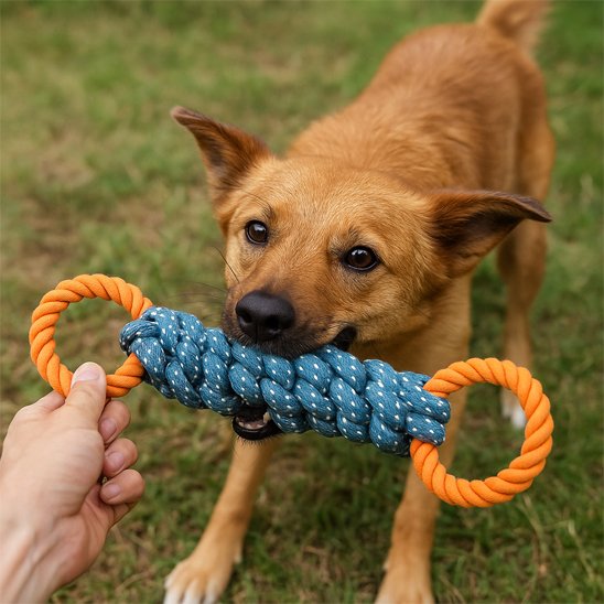 Chien tirant sur sa corde tressée lors d'un jeu de traction