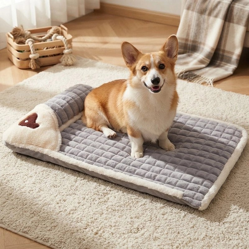 Corgi installé sur un matelas gris avec son coussin pour la tête
