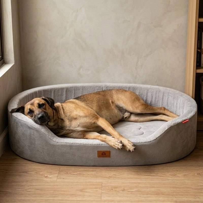 Grand chien couché dans un panier gris (grandes tailles sur demande)