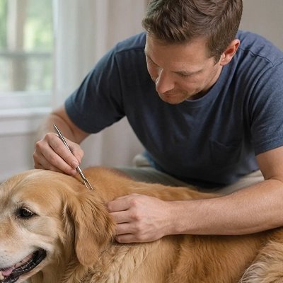 Homme qui examine l'oreille d'un Golden Retriever couché avec une pince