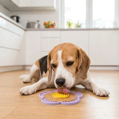Beagle couché sur un parquet qui lèche le tapis violet en forme de fleur
