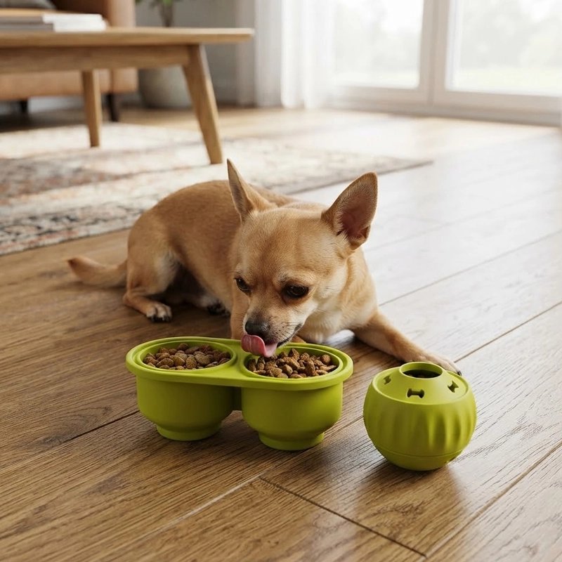 Chihuahua qui mange dans le plateau vert garni de croquettes, à côté de la balle