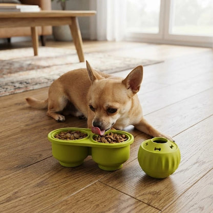 Chihuahua qui mange dans le plateau vert garni de croquettes, à côté de la balle