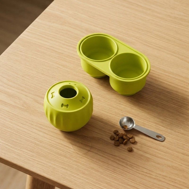 Balle verte à garnir et plateau à deux cavités posés sur une table en bois, avec une cuillère de croquettes