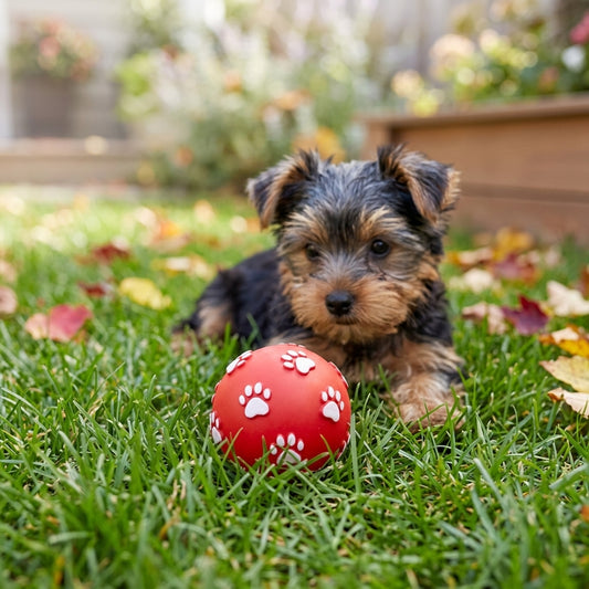 Balle pour chien rouge à motif pattes dans l'herbe, devant un chiot Yorkshire