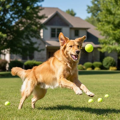 Chien courant après une petite balle de tennis sur la pelouse
