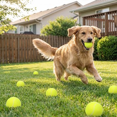 Chien courant dans le jardin entre plusieurs petites balles jaunes