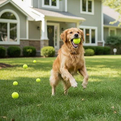 Chien rapportant une balle jaune devant la maison