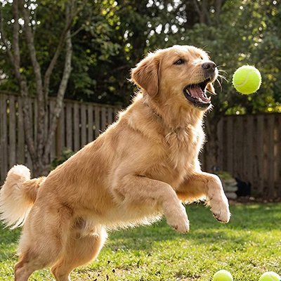 Golden retriever sautant pour attraper une balle jaune