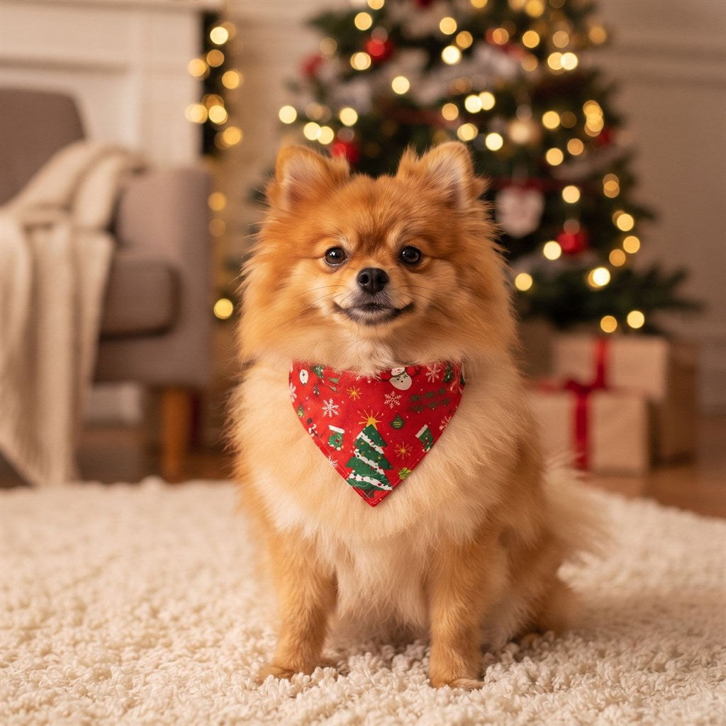 Spitz nain devant le sapin illuminé portant le bandana de Noël rouge à motif sapin