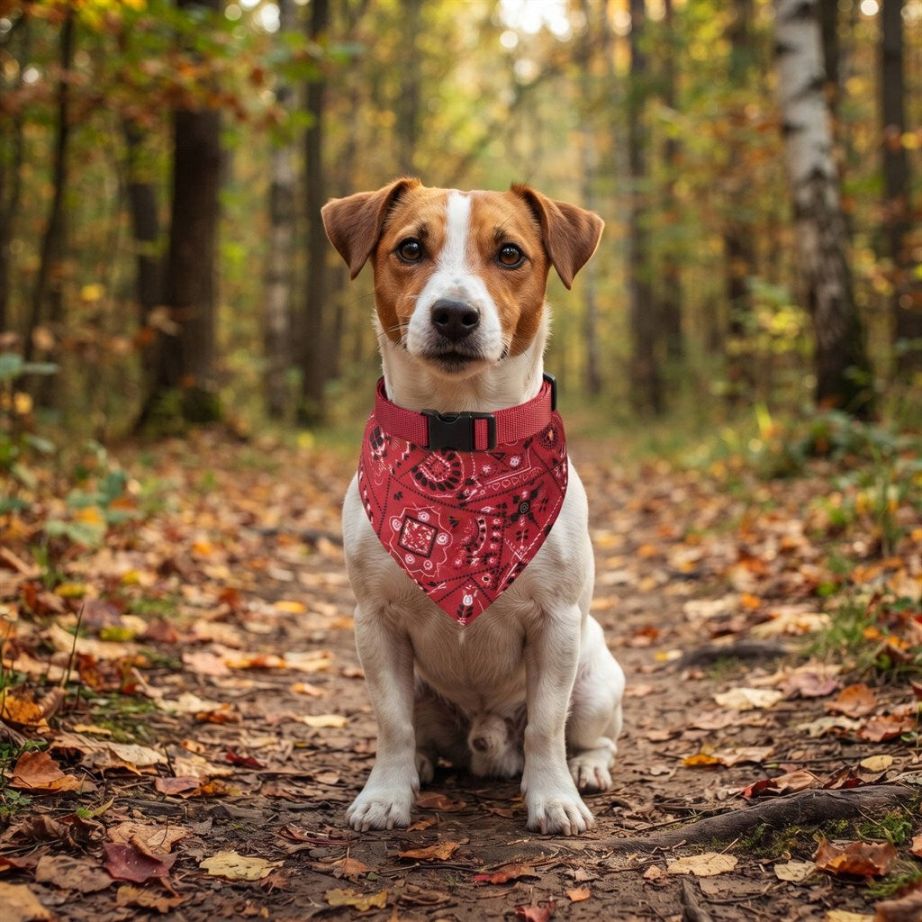 Jack Russell assis sur un sentier de forêt portant le collier bandana rouge