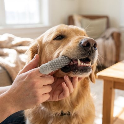 Brosse à dent pour chien grise, chien qui se laisse brosser les dents