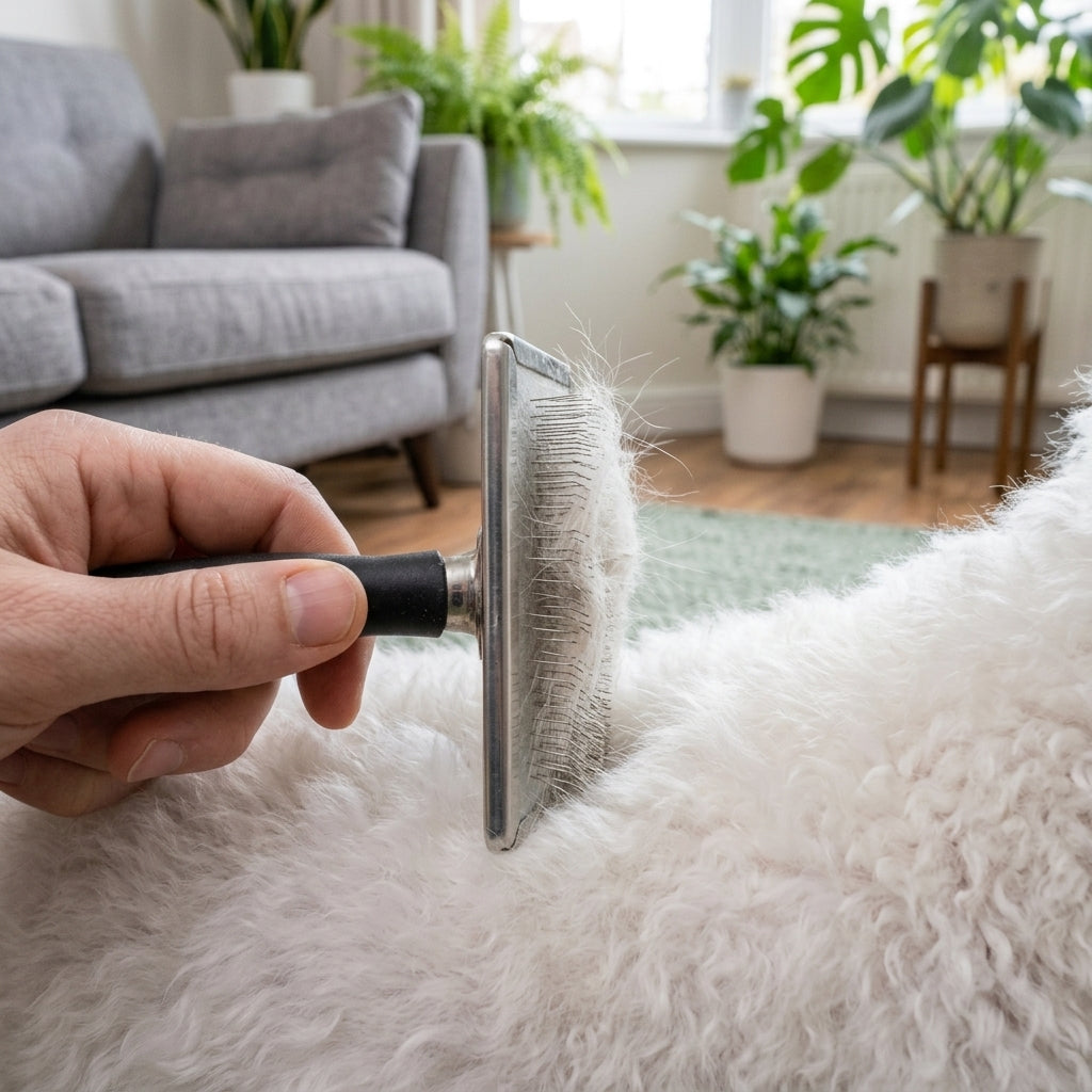 Brosse passée dans un pelage blanc, picots en acier dans le poil