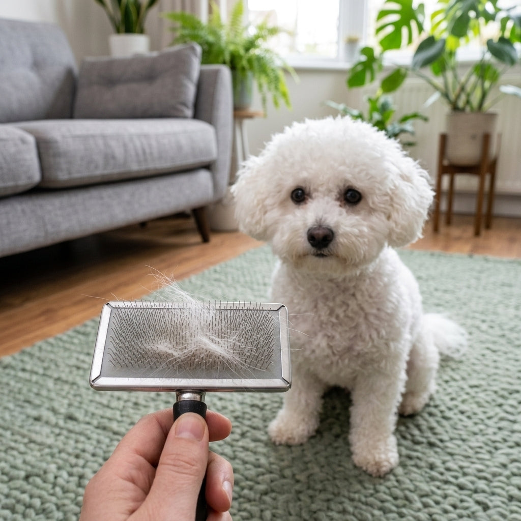 Brosse à picots tenue devant un bichon frisé, poils retenus dans les picots, taille M