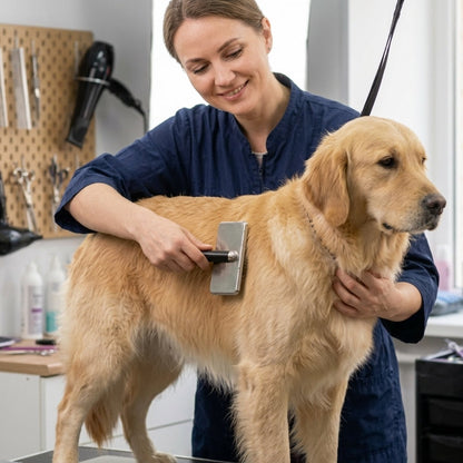 Toiletteuse qui brosse un golden retriever avec la grande brosse à picots, taille XL