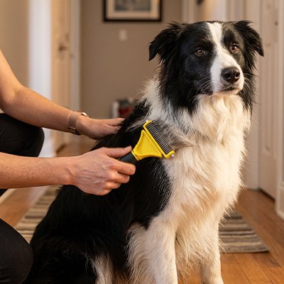 Border Collie noir et blanc assis pendant qu'on lui brosse le poitrail avec le râteau jaune