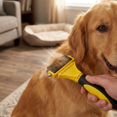 Golden Retriever couché brossé sur le cou avec le râteau jaune