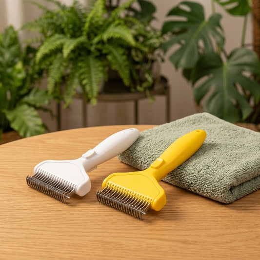 Brosse pour chien et chat : peigne démêlant à dents en acier, en blanc et en jaune