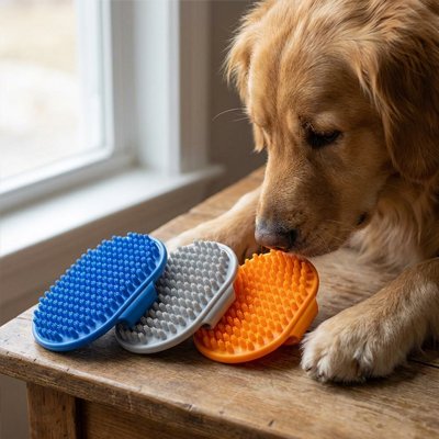 Brosse en caoutchouc pour chien en trois coloris bleu, gris et orange devant un Golden Retriever