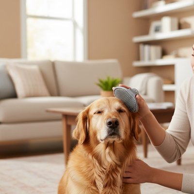 Golden Retriever assis dans un salon, brossé avec la brosse grise