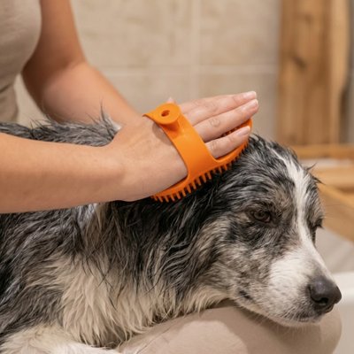 Main qui frotte un Border Collie mouillé avec la brosse orange tenue par sa sangle