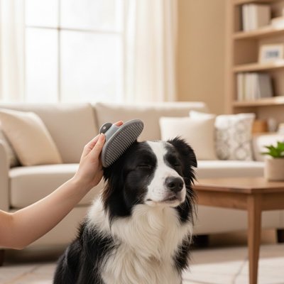 Border Collie noir et blanc brossé sur la tête avec la brosse grise dans un salon