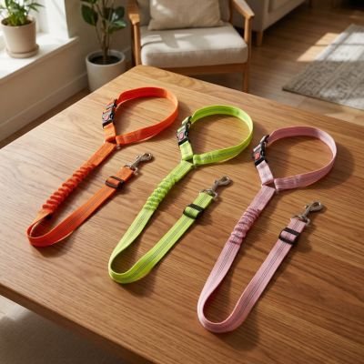 Ceintures de sécurité pour chien orange, verte et rose posées sur une table