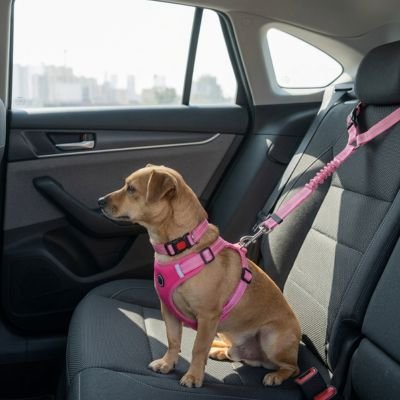 Petit chien attaché en voiture avec la ceinture de sécurité rose