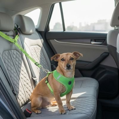 Petit chien attaché sur la banquette arrière avec la ceinture de sécurité verte