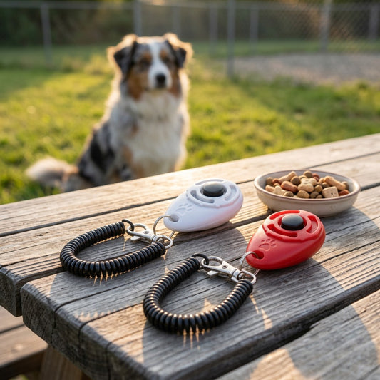 Clicker pour chien, lot de 2 blanc et rouge avec dragonne spirale, posés sur une table de jardin