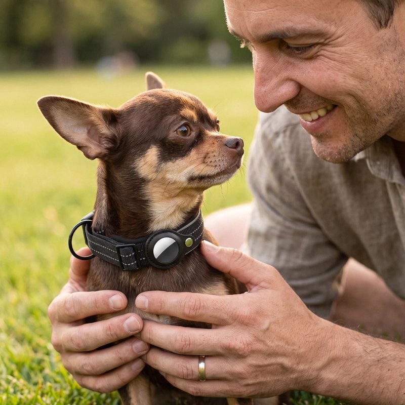 Femme ajustant le collier porte-AirTag sur son chien
