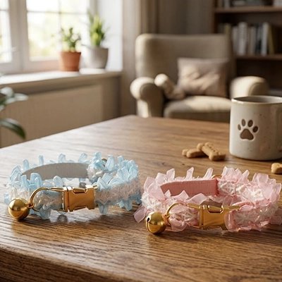 Colliers en dentelle bleu et rose pour petit chien posés sur une table
