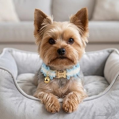 Yorkshire portant le collier en dentelle bleu avec clochette