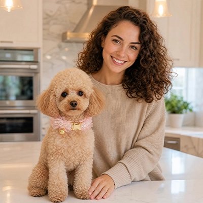 Petit caniche portant son collier en dentelle