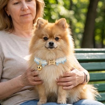 Spitz nain sur les genoux de sa maîtresse avec son collier en dentelle