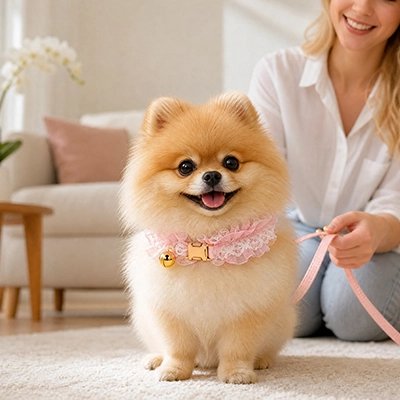 Spitz nain portant le collier en dentelle rose