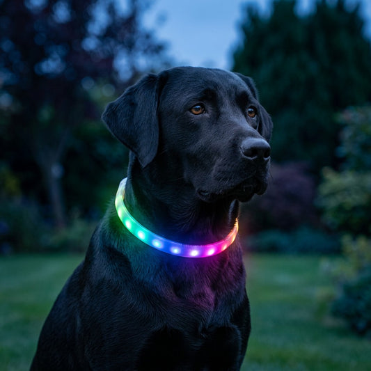 Collier LED pour chien allumé en multicolore au cou d'un Labrador noir au crépuscule
