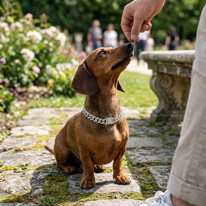Teckel portant le collier gourmette pour chien argenté en promenade