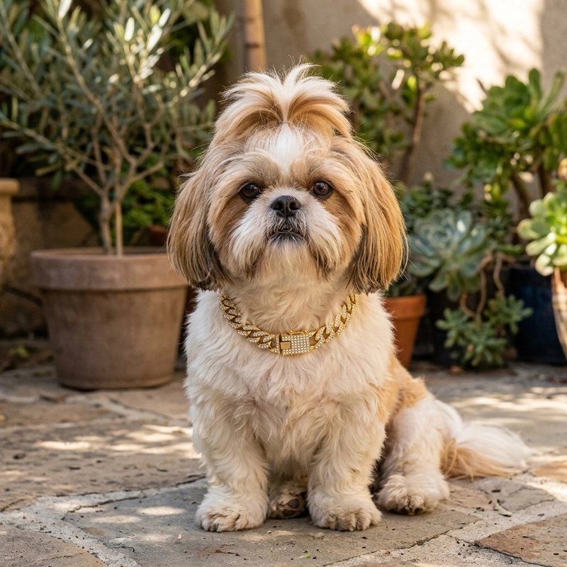Shih tzu portant le collier gourmette pour chien doré