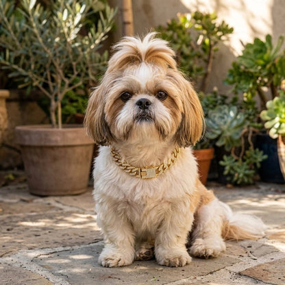 Shih tzu portant le collier gourmette pour chien doré