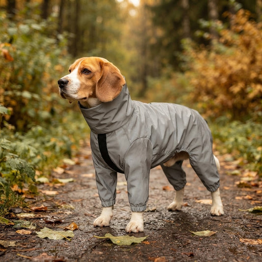 Beagle portant une combinaison imperméable pour chien gris argenté 4 pattes sur un sentier forestier en automne