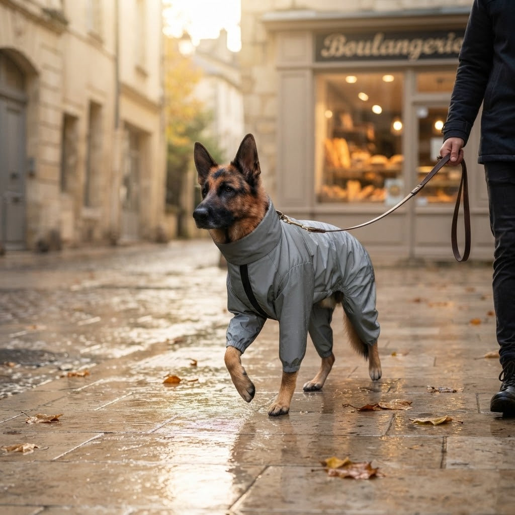 Berger allemand en combinaison imperméable grise 4 pattes, promené en laisse dans une rue pavée mouillée (grandes tailles sur demande)