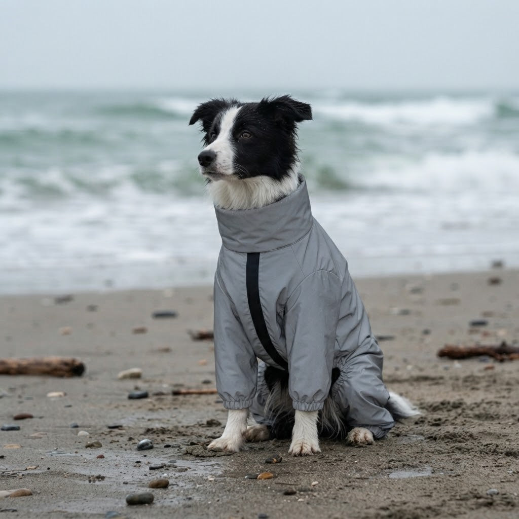 Jeune border collie assis sur une plage par temps venteux, en combinaison imperméable grise 4 pattes
