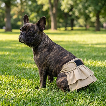 Bouledogue français en culotte hygiénique beige, assis dans l'herbe
